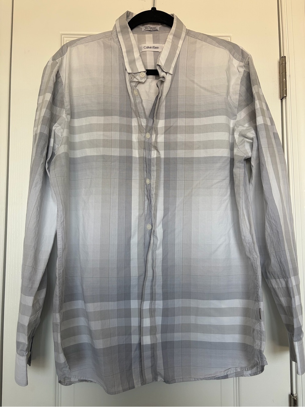Calvin Klein Mens Grey Plaid Long-Sleeve Button-Down Shirt Cotton Size L